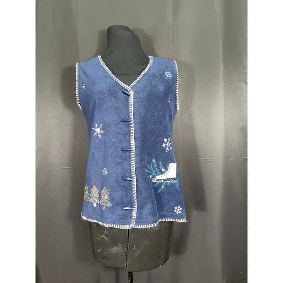 Vintage Ugly Christmas Fleece Vest Carolyn Taylor, Skate, Christmas Trees, Snow - Picture 1 of 8